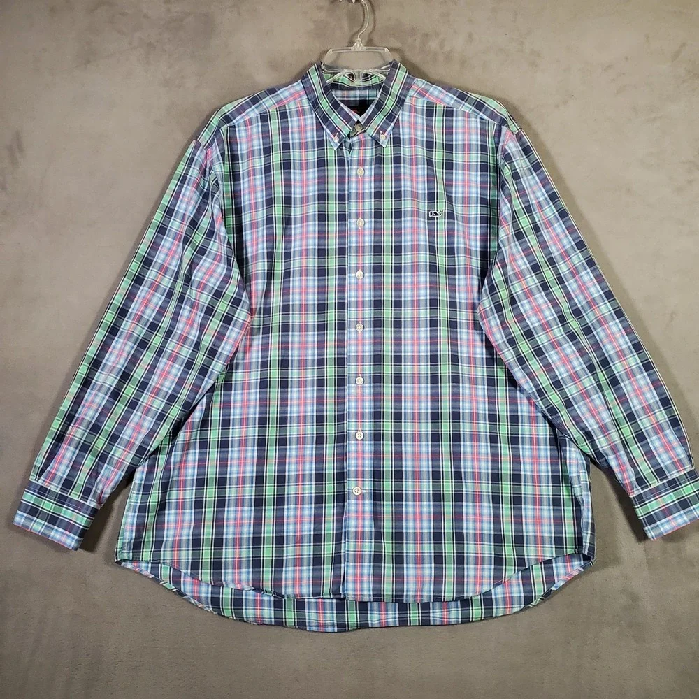 Vineyard Vines Whale Shirt MensXL Blue Green Pink‎ Plaid Preppy Classic